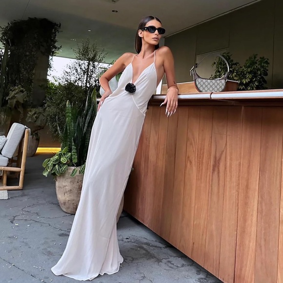 Revolve Helsa Sheer Deep V Long Slip Dress Cream Maxi with Rosette Flower Small - Picture 2 of 14